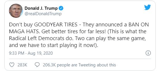 Tổng thống Trump: Đừng mua lốp Goodyear vì họ cấm dùng mũ Make American great again - Ảnh 1.
