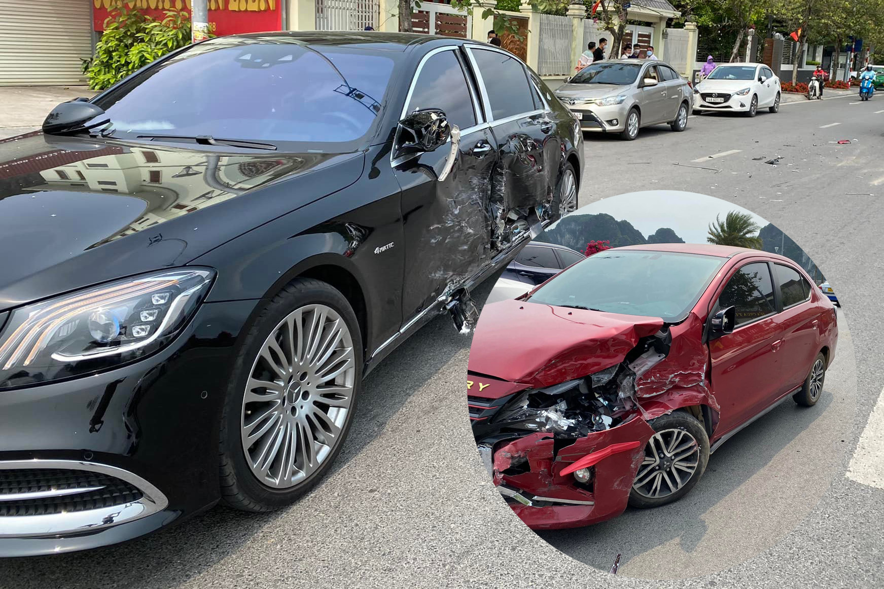 Mercedes-Maybach S 450 giá gần 7,5 tỷ đồng bị rách toang sườn sau cú va chạm với Mitsubishi Attrage tại Quảng Ninh, CĐM thốt lên: 'Bán cả xe mới đủ đền'