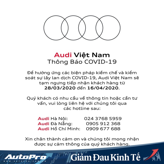 Audi Việt Nam ngừng đón khách tới hết 16/4 - Ảnh 1.